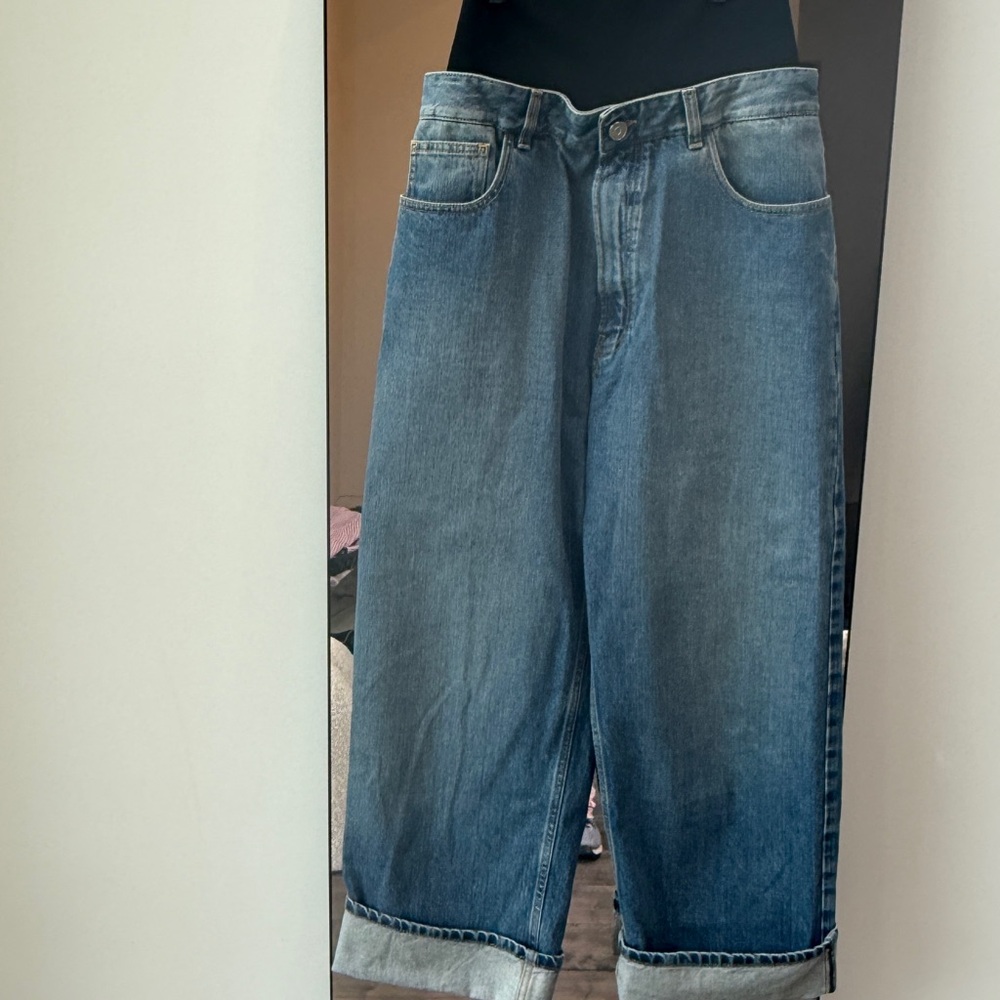 Alaia Wide-Leg Banded Boyfriend Blue Jeans